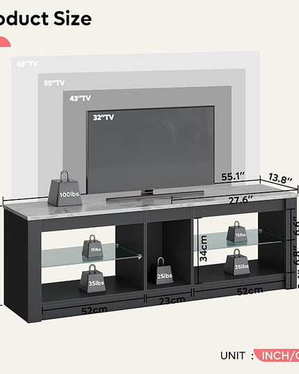 Bestier White Marble TV Stand LED Entertainment Center Gaming TV Stand for 55 Inch TV RGB Television Stand with 2 Adjustable Glass Shelves PS4 Game Console Cabinet for Living Room - LeafyLoom