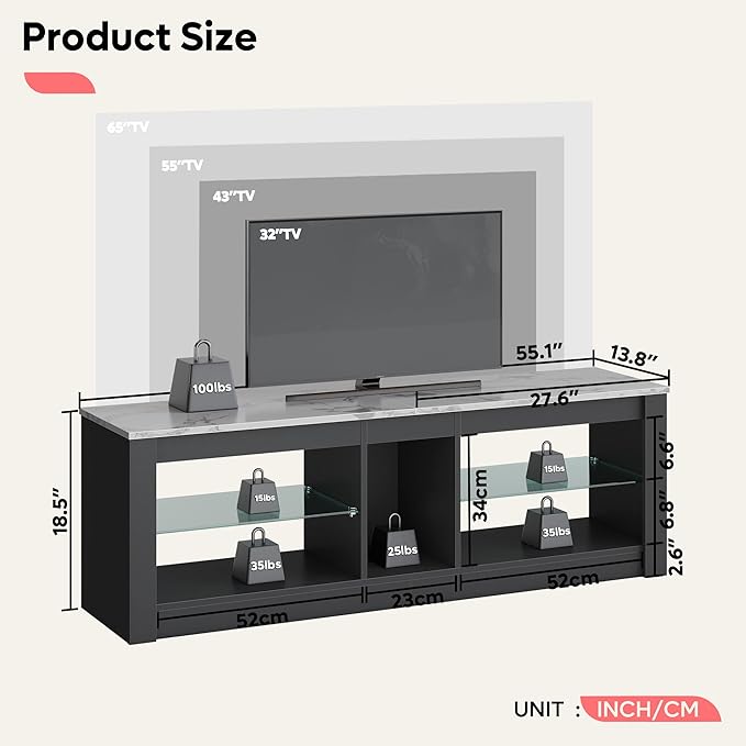Bestier White Marble TV Stand LED Entertainment Center Gaming TV Stand for 55 Inch TV RGB Television Stand with 2 Adjustable Glass Shelves PS4 Game Console Cabinet for Living Room - LeafyLoom