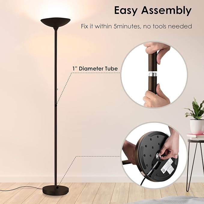 BoostArea Torchiere Floor Lamp, 24W Super Bright LED Standing Lamp, Stepless Dimmable Pole Lamp with 3000K Lighting, Rotary Switch, 70 Inch Tall Metal Modern Floor lamps for Living Room/Bedroom Brown - LeafyLoom