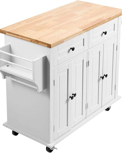 VEVOR Kitchen Island Cart with Solid Wood Top, 35.4" Width Mobile Carts with Storage Cabinet, Rolling Kitchen Table with Spice Rack, Towel Rack, and Drawer, Portable Islands on Wheels, White - LeafyLoom