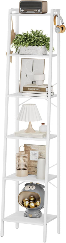 Ladder Shelf, Bookshelf Bookcase, Freestanding Corner Storage Shelve with 2 Hooks for Home Office, Living Room, Kitchen, Bedroom, Industrial, 6-Tier White BC13313W - LeafyLoom