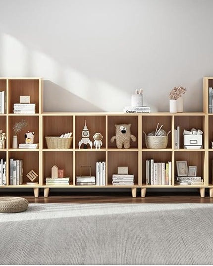 IOTXY Open Cube Low Bookcase - 3-Tier Freestanding Storage Display Cabinet Organizer with Legs for Home Office, 7-Cubes Open Shelf Short Bookshelf, Oak - LeafyLoom