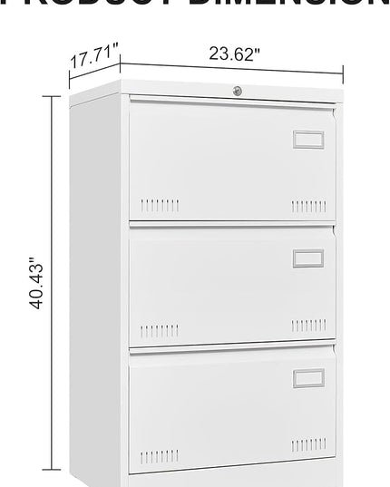3 Drawer Lateral Lock and Card Holder, Multifunctional Metal Filing Cabinets w/Heavy 3 Section Slide Rail & Breathable Holes,for Legal/Letter/A4,White - LeafyLoom
