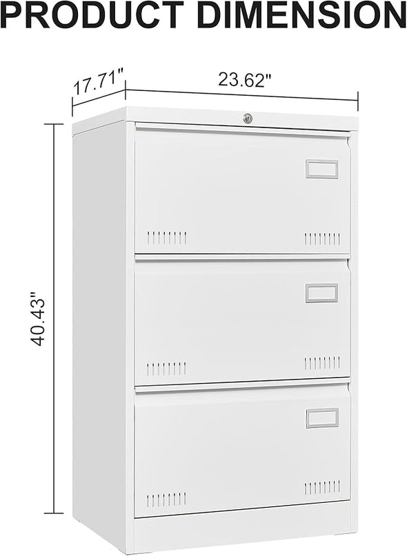 3 Drawer Lateral Lock and Card Holder, Multifunctional Metal Filing Cabinets w/Heavy 3 Section Slide Rail & Breathable Holes,for Legal/Letter/A4,White - LeafyLoom