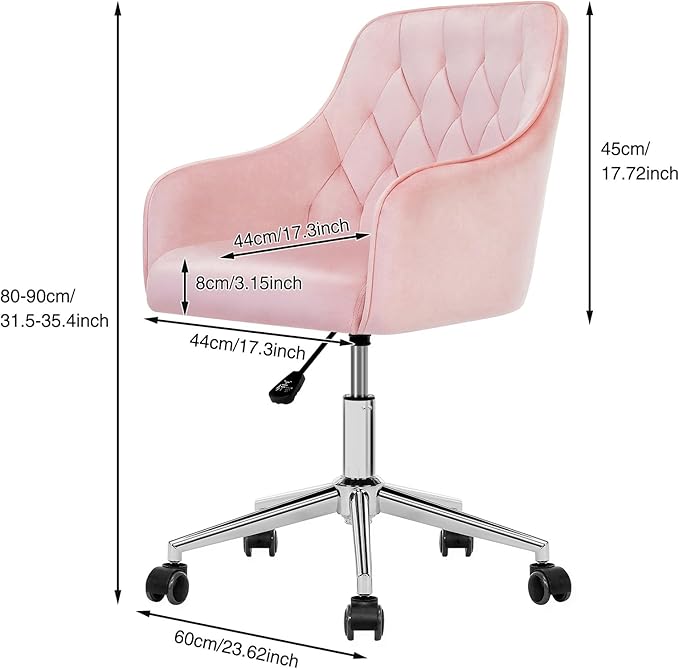 Velvet Desk Chair Vanity Chair for Makeup with Wheels and Back Home Office Chair Adjustable Rolling Swivel Chair for Bedroom Vanity Room Pink - LeafyLoom