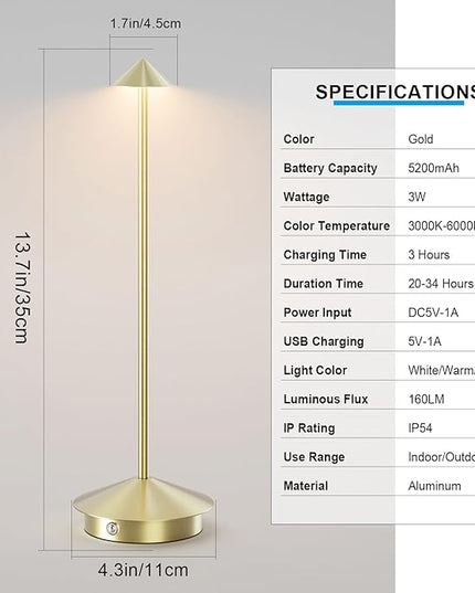 2-Pack 6000mAh Rechargeable LED Table Lamps,Outdoor Cordless Table Lamp Waterproof Portable, 3-Color Stepless Dimmable Modern Lamp for Restaurant/Bedroom(Gold) - LeafyLoom