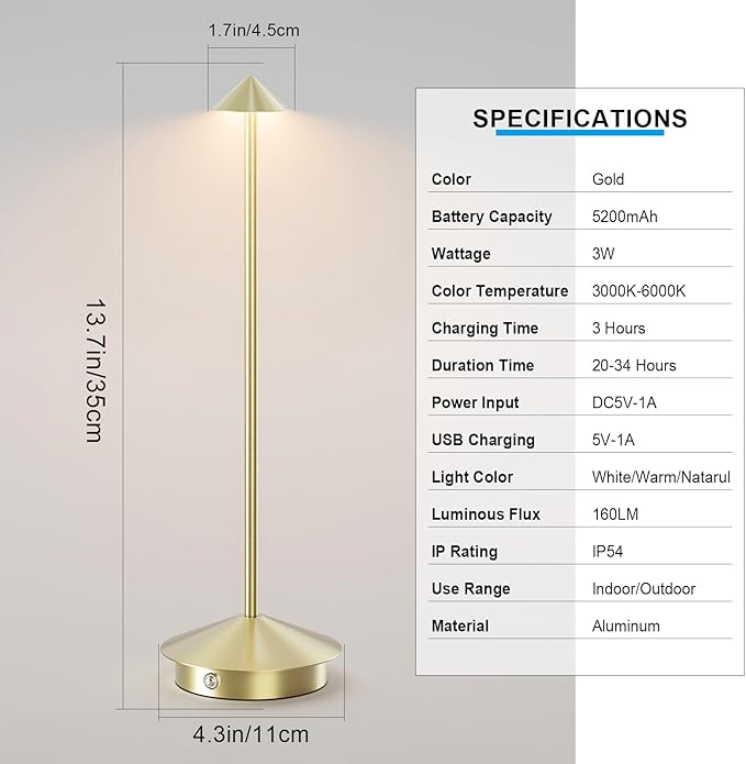 2-Pack 6000mAh Rechargeable LED Table Lamps,Outdoor Cordless Table Lamp Waterproof Portable, 3-Color Stepless Dimmable Modern Lamp for Restaurant/Bedroom(Gold) - LeafyLoom