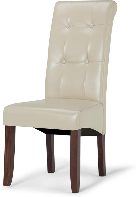 SIMPLIHOME Cosmopolitan Parson Dining Chair (Set of 2), Satin Cream Faux Leather and SOLID WOOD, Square, Upholstered, For the Dining Room, Contemporary Modern - LeafyLoom