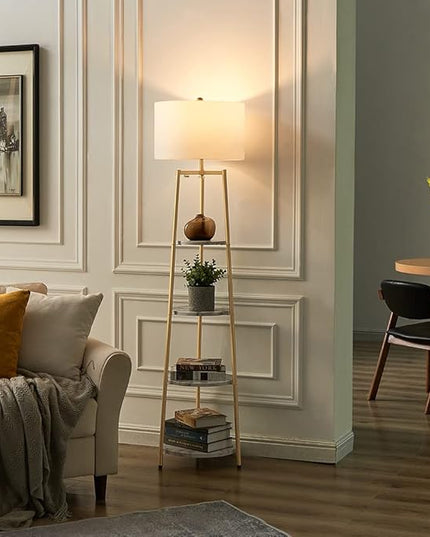 Floor Lamp, Standing Reading Light with Shelves and Fabric Shade, Modern Tall Pole Lamp, Accent Furniture Décor Lighting for Living Room, Bedrooms (Gold, 4-Tier) - LeafyLoom
