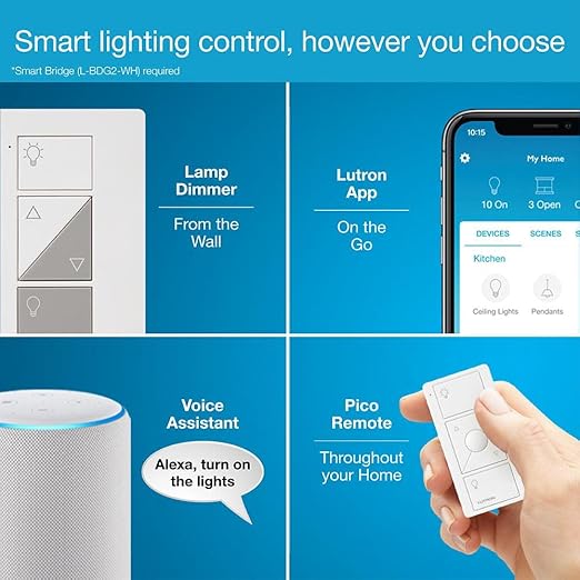 Lutron Caseta Smart Lamp Dimmer 3-Way Kit and Pico Remote, for Floor and Table Lamps, for Dimmable LED Lights, 100 Watt, Single-Pole/3-Way, P-PKG1P-WH Lutron