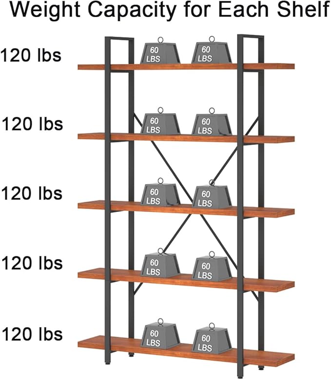 HSH Solid Wood 5 Shelf Bookshelf, Industrial Real Natural Wood Tall Etagere Bookcase, Modern Large Open Wide Big Metal Book Shelf with 5 tier Storage for Bedroom Living Room Home Office, Rustic Brown - LeafyLoom