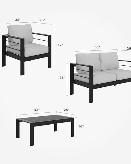 Solaste Outdoor Aluminum Furniture Set - 4 Pieces Patio Sectional Chat Sofa Conversation Set with Table,Black Frame and Grey Cushion - LeafyLoom