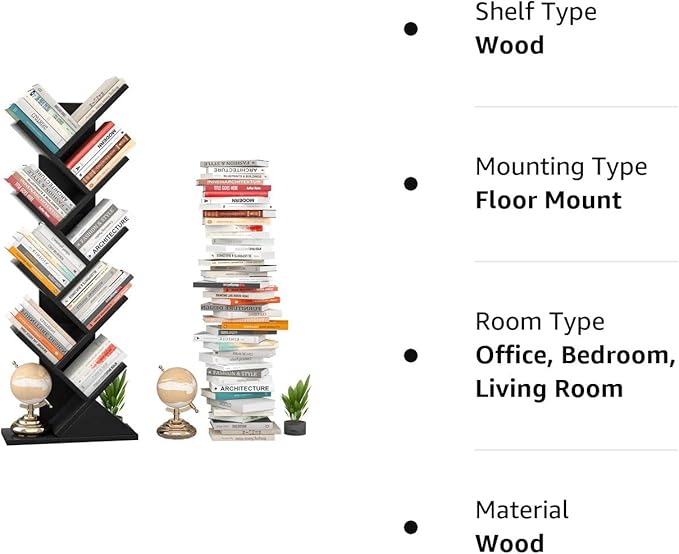 Topfurny Tree Bookshelf, 9-Tier Shelf Rustic Brown Bookcase, Retro Wood Storage Rack for CDs/Movies/Books, Anti-Fall Utility Organizer Shelves for Living Room, Bedroom, Home Office, Black - LeafyLoom
