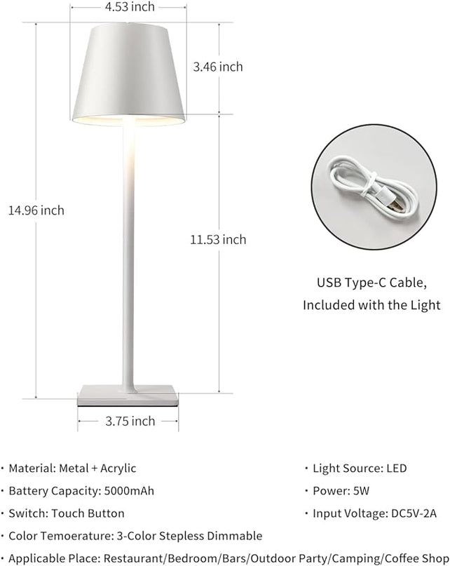 KDG 2 Pack Cordless Table Lamp, Portable LED Desk Lamp, 5000mAh Battery Operated, 3 Color Stepless Dimming Up, for Restaurant/Bedroom/Bars/Outdoor Party/Camping/Coffee Shop Night Light(White) - LeafyLoom