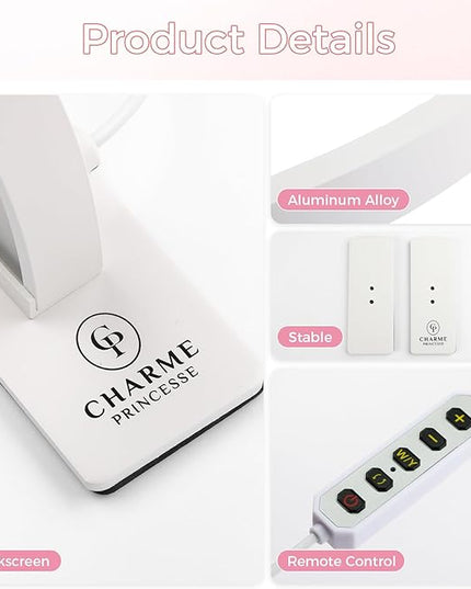 Charme Princesse 30in Half Moon Lamp 48W Half Moon Nail Desk Lamp 1600 Lumen LED Lash Light 3 Color Temperature Lash Lamp for Lashes Eyelash Extensions Tattoo Skin Care (White) M18S-12-US - LeafyLoom