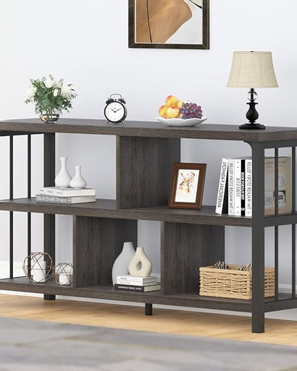 IBF Industrial 5 Cube Storage Organizer Bookshelf, Rustic Low Horizontal Book Shelf, Metal and Wood Cube Bookcase for Bedroom, Modern Wide Cubby Shelf for Living Room Home Office, Dark Grey Oak, 47 In - LeafyLoom