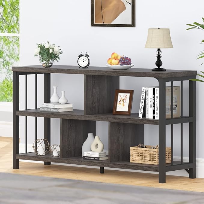 IBF Industrial 5 Cube Storage Organizer Bookshelf, Rustic Low Horizontal Book Shelf, Metal and Wood Cube Bookcase for Bedroom, Modern Wide Cubby Shelf for Living Room Home Office, Dark Grey Oak, 47 In - LeafyLoom