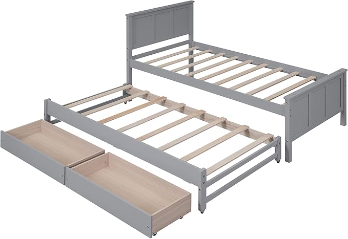 Merax Wood Bed with Trundle and 2 Drawers Twin Daybed Frame for kids Teens Adults/No Box Spring Needed Grey - LeafyLoom