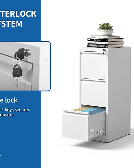 Vertical File Cabinet with Drawer, 3 Drawer File Cabinet with Lock, Filing Cabinets for Home Office, Hanging Files for A4/ Legal/Letter, White - LeafyLoom