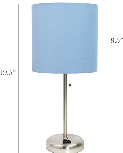 Simple Designs LT1144-BLU Sleek and Slender Brushed Steel Table Lamp with Charging Outlet, for Bedroom, Living Room, Entryway, Office, Dining Room, Study, Blue Shade - LeafyLoom