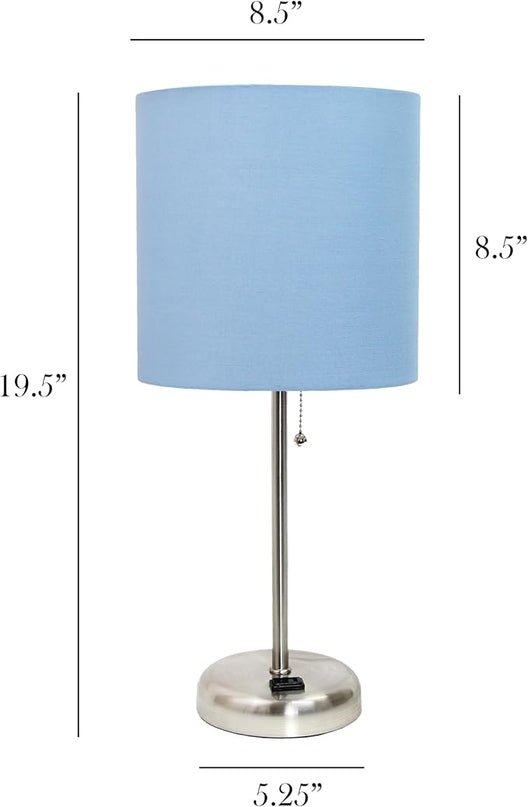 Simple Designs LT1144-BLU Sleek and Slender Brushed Steel Table Lamp with Charging Outlet, for Bedroom, Living Room, Entryway, Office, Dining Room, Study, Blue Shade - LeafyLoom