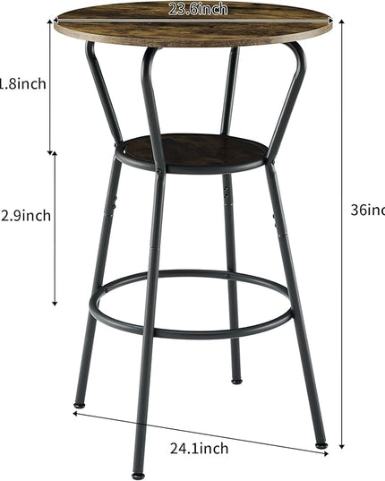3 Pieces Bistro Table and Chairs Set, Round Counter Height Bar Table with Storage Shelf and 2 Stools with Backrest & Footrest, for Dining Room, Kitchen, Bar, Small Space, Rustic Brown - LeafyLoom
