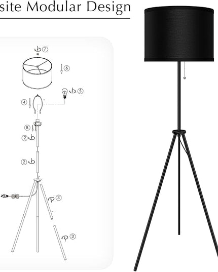 BoostArea Floor Lamp for Living Room,59.5" Tripod Floor Lamp, Black Linen Lamp Shade, Mid Century Standing Lamp for Living Room, Bedroom, Study Room and Office（Bulbs Not Included） - LeafyLoom