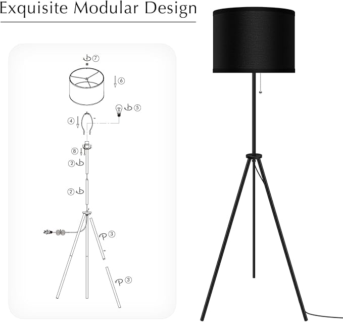 BoostArea Floor Lamp for Living Room,59.5" Tripod Floor Lamp, Black Linen Lamp Shade, Mid Century Standing Lamp for Living Room, Bedroom, Study Room and Office（Bulbs Not Included） - LeafyLoom
