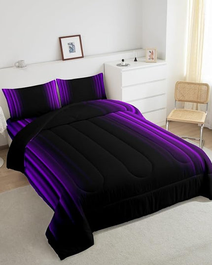 Geometric Abstract Ombre Comforter Set Kids Teens Purple and Black Striped Bedding Bed Set Decor Modern Fashion Comforter Inner Fill Bedroom Collection 3Pcs King Size - LeafyLoom