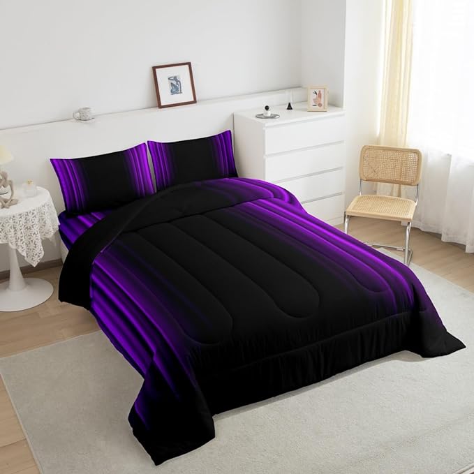 Geometric Abstract Ombre Comforter Set Kids Teens Purple and Black Striped Bedding Bed Set Decor Modern Fashion Comforter Inner Fill Bedroom Collection 3Pcs King Size - LeafyLoom
