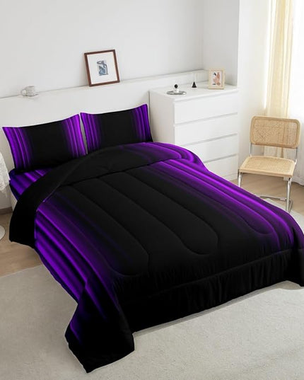 Geometric Abstract Ombre Comforter Set Kids Teens Purple and Black Striped Bedding Bed Set Decor Modern Fashion Comforter Inner Fill Bedroom Collection 3Pcs Full Size - LeafyLoom