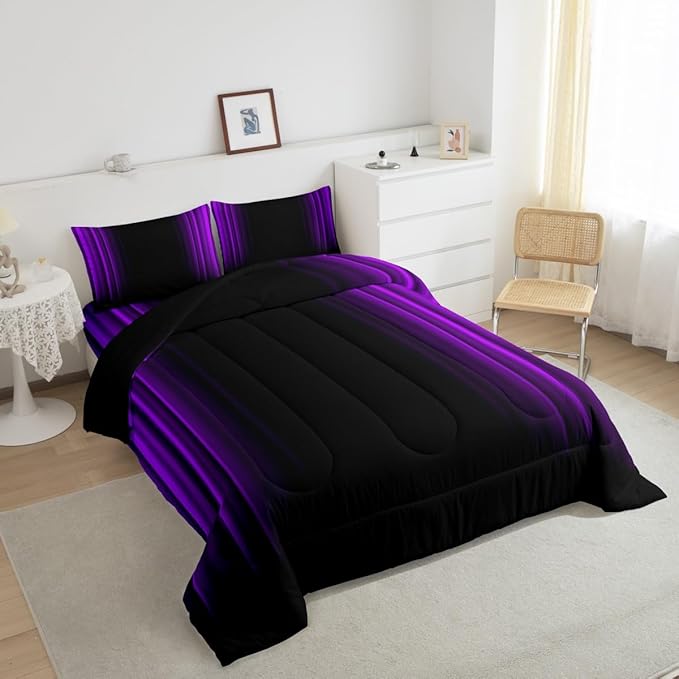 Geometric Abstract Ombre Comforter Set Kids Teens Purple and Black Striped Bedding Bed Set Decor Modern Fashion Comforter Inner Fill Bedroom Collection 2Pcs Twin Size - LeafyLoom