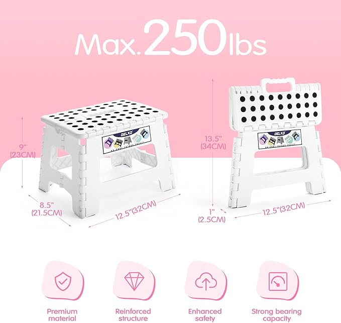 Delxo 9” Folding Step Stool in White,1 Pack Premium Heavy Duty Foldable Stool for Kids,Portable Collapsible Plastic Step Stool,Non Slip Folding Stools for Kitchen Bathroom Bedroom - LeafyLoom