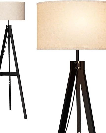 addlon Tripod floor lamp with remote, floor lamps for living room, standing wood lamp with shelf, mid century lamp with LED bulb for bedroom, office (Stepless brightness, multiple CCT)- Black - LeafyLoom
