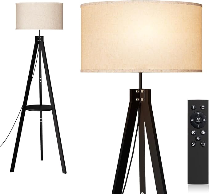 addlon Tripod floor lamp with remote, floor lamps for living room, standing wood lamp with shelf, mid century lamp with LED bulb for bedroom, office (Stepless brightness, multiple CCT)- Black - LeafyLoom