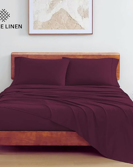 LANE LINEN 100% Organic Cotton Full Sheets Set 4-Piece Pure Percale Long Staple Soft Bedding Breathable Fits Mattress Upto 15" Deep - Windsor Wine - LeafyLoom