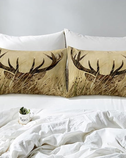 Antler Comforter Set Twin, Whitetail Deer Down Comforter, Stag Quilted Duvet, Countryside Rural Hunting Theme Comforter Set for Christmas Decorations Bedroom Decor All Season, Ultra Lightweight - LeafyLoom