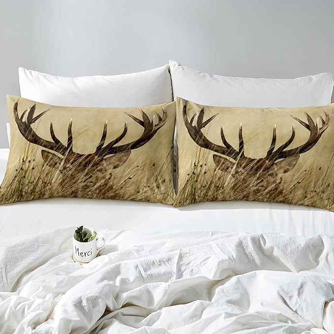 Antler Comforter Set Twin, Whitetail Deer Down Comforter, Stag Quilted Duvet, Countryside Rural Hunting Theme Comforter Set for Christmas Decorations Bedroom Decor All Season, Ultra Lightweight - LeafyLoom