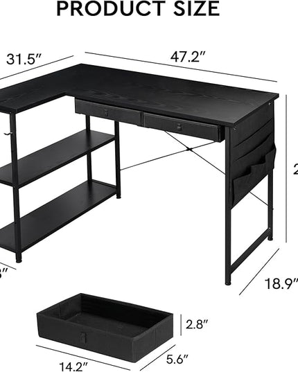 Ｍａｉｈａｉｌ Home Office Desk with Drawers and Shelves, 47” Computer Corner Desk for Small Space, Small L Shaped Desk with Side Storage for Bedroom, Black - LeafyLoom