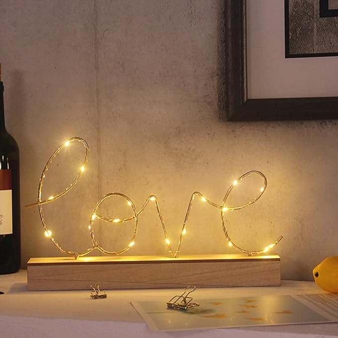 GUOCHENG Love Alphabet Letter Light Battery Operated LED Table Lamps Love Romantic Decorative Mood Lights Starry String Night Light, Wedding Christmas Bedroom Decor(Metal Love) - LeafyLoom