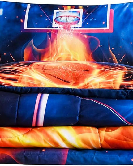 Btargot Basketball Fire Court Comforter Sets Full for Boys Teens,3D Sports Bedding,Soft Microfiber Reversible Quilt with 2 Matching Pillow Shams - LeafyLoom