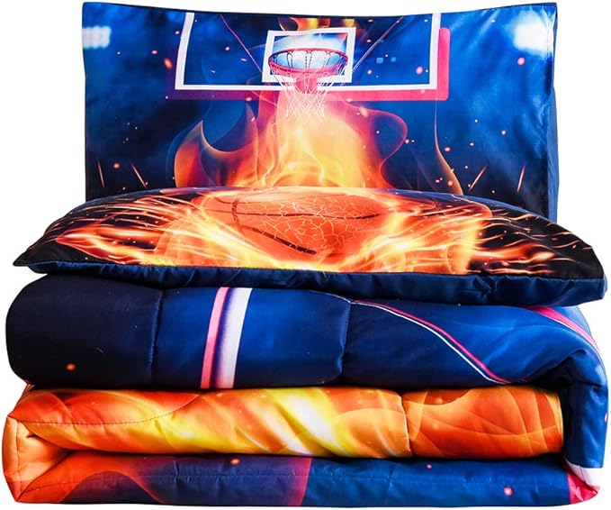 Btargot Basketball Fire Court Comforter Sets Full for Boys Teens,3D Sports Bedding,Soft Microfiber Reversible Quilt with 2 Matching Pillow Shams - LeafyLoom