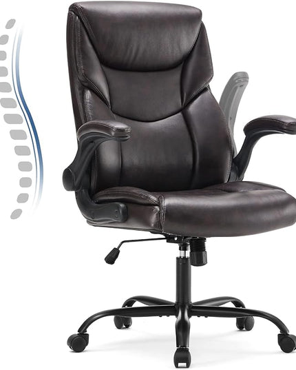 JHK Leather Office Chair with Flip Up Arms, Executive High Back Big and Tall Desk Chairs with Ergonomic Lumbar Support, Adjustable Height,Wheels, Soft Padded, Brown - LeafyLoom