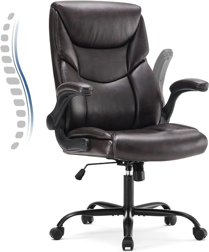 JHK Leather Office Chair with Flip Up Arms, Executive High Back Big and Tall Desk Chairs with Ergonomic Lumbar Support, Adjustable Height,Wheels, Soft Padded, Brown - LeafyLoom