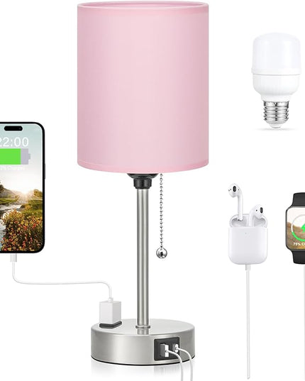 Dicoool Pink Bedroom Lamp for Bedside - 3 Color Temperatures Desk Lamp with USB C and A Ports, Pull Chain Table Lamp with AC Outlet, Nightstand Lamp with Silver Metal Base for Kids Girls - LeafyLoom