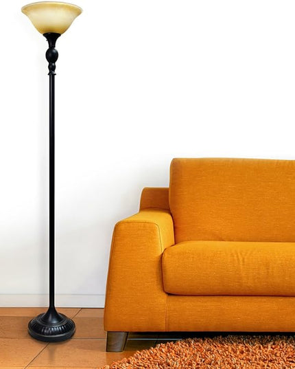 Elegant Designs LF2001-RBZ 1 Light Restoration Bronze Torchiere Floor Lamp with Marbelized Amber Glass Shade - LeafyLoom