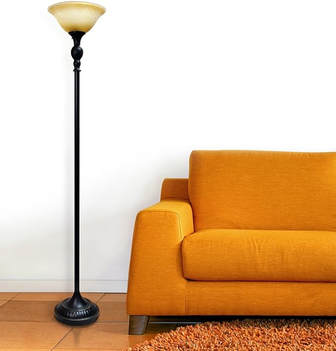 Elegant Designs LF2001-RBZ 1 Light Restoration Bronze Torchiere Floor Lamp with Marbelized Amber Glass Shade - LeafyLoom