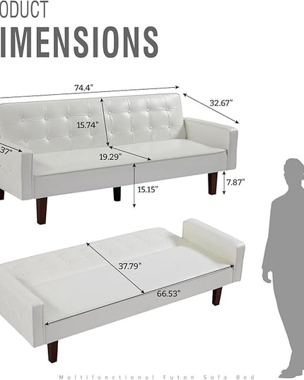 IULULU Futon Sofa Bed, Modern Convertible Faux Leather Sleeper Couch with Armrests for Studio, Office, Apartment, Compact Living, Game Room, Overnight Guests, Retro White - LeafyLoom