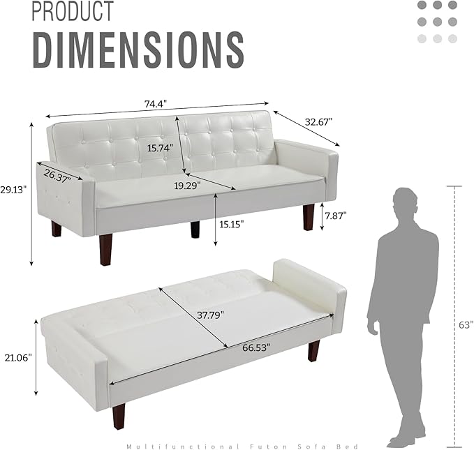 IULULU Futon Sofa Bed, Modern Convertible Faux Leather Sleeper Couch with Armrests for Studio, Office, Apartment, Compact Living, Game Room, Overnight Guests, Retro White - LeafyLoom