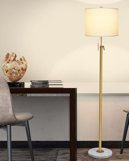 Modern Floor Lamp for Living Room, Adjustable Height Standing Lamp with Marble Base, 3-Way Dimmable Gold Brass Tall Pole Light with White Linen Shade for Reading, Bedroom, Chain Switch, Bulb Included - LeafyLoom